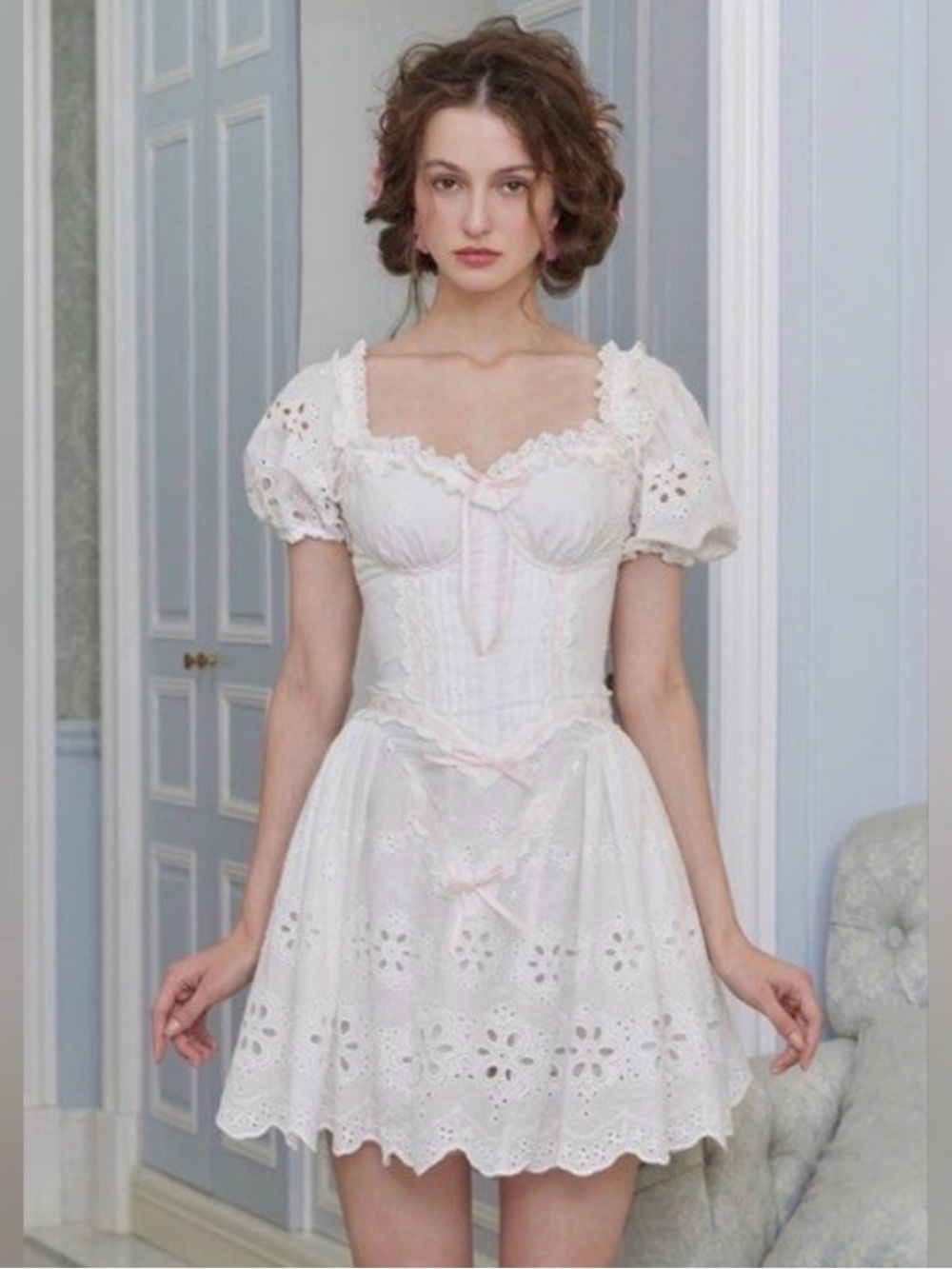 White Eyelet Puff Sleeve Mini Dress with Pink Trim